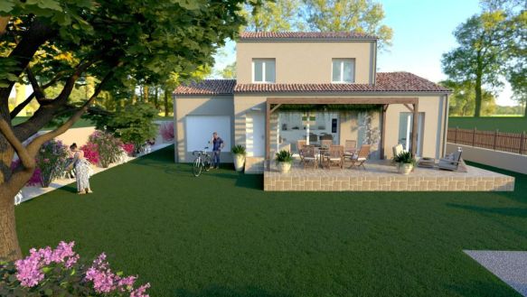 maison à étage de 97 m² + garage 18 m²  3 chambres dont une suite parentale salle d'eau salle de bain équipée bac à douche meuble simple et double vasque une pièces de vie de 42 m² avec cuisine ouverte sur un terrain de  467 m²  à saint mitre les remparts