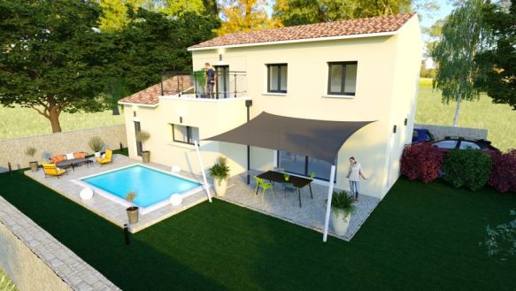 maison à étage de 102 m² avec garage de 18 m² 3 chambres dont une suite parentale salle de bains équipée bac a douche extra plat 90x120 meuble double vasque une pièces de vie de 45 m² avec cuisine ouverte sur un terrain de 444 m² à saint cannat