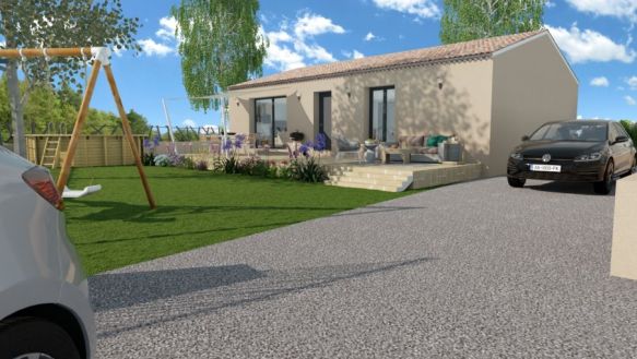 maison de plain pied de 86 m² avec garage de 15 m² 3 chambre une salle de bain équipée une pièces de vie de 37 m² avec cuisine ouverte sur un terrain de 711 m² à pelissanne