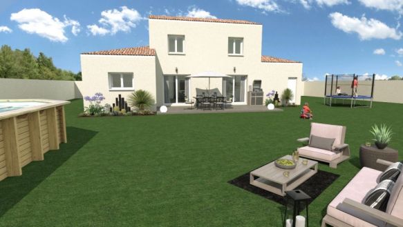 maison à étage de 116m² avec garage à l'étage 2 chambres une salle de bain équipée d'une baignoire 170x75 meuble double vasque  au rdc une suite parentale une belle pièces de vie de 57m² avec cuisine ouverte cellier sur un terrain de 1200m² à Ventabren