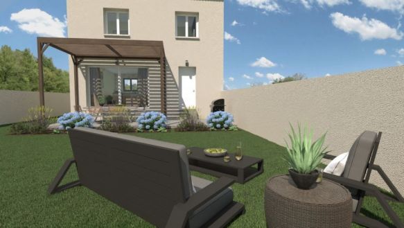 maison à étage de 85m² avec garage de 14m² à l'étage 3 chambres une salle de bain équipée au rdc une pièces à vivre de 37m² avec cuisine ouverte sur un terrain de 753m² à Aubagne