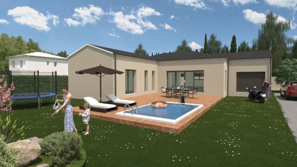 maison de plain pieds de 112 m²  + garage de 16 m2 avec 3 chambres une salle de bans équipée une pièces de vie spacieuse avec cuisine ouverte sur un terrain de  702 m² au val de sibourg