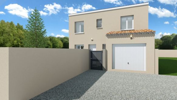 maison à étage de 85m² avec garage de 14m² au rdc une pèces a vivre de 37m² avec cuisine ouverte à l'étage 3 chambres une salle de bains équipées d'une baignoire un meuble double vasque sur un terrain de 433m² à velaux