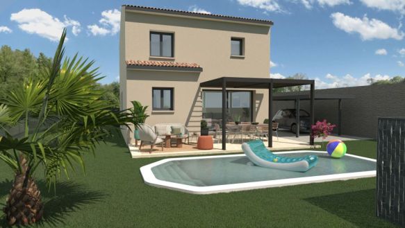 maison à étage de 85m2 avec garage de 14m2 3 chambres une salle de bains équipée baignoire 170x75 meuble double vasque une pièces de vie de 36m2 avec cuisine ouverte sur un terrain de 330 m² à cabannes